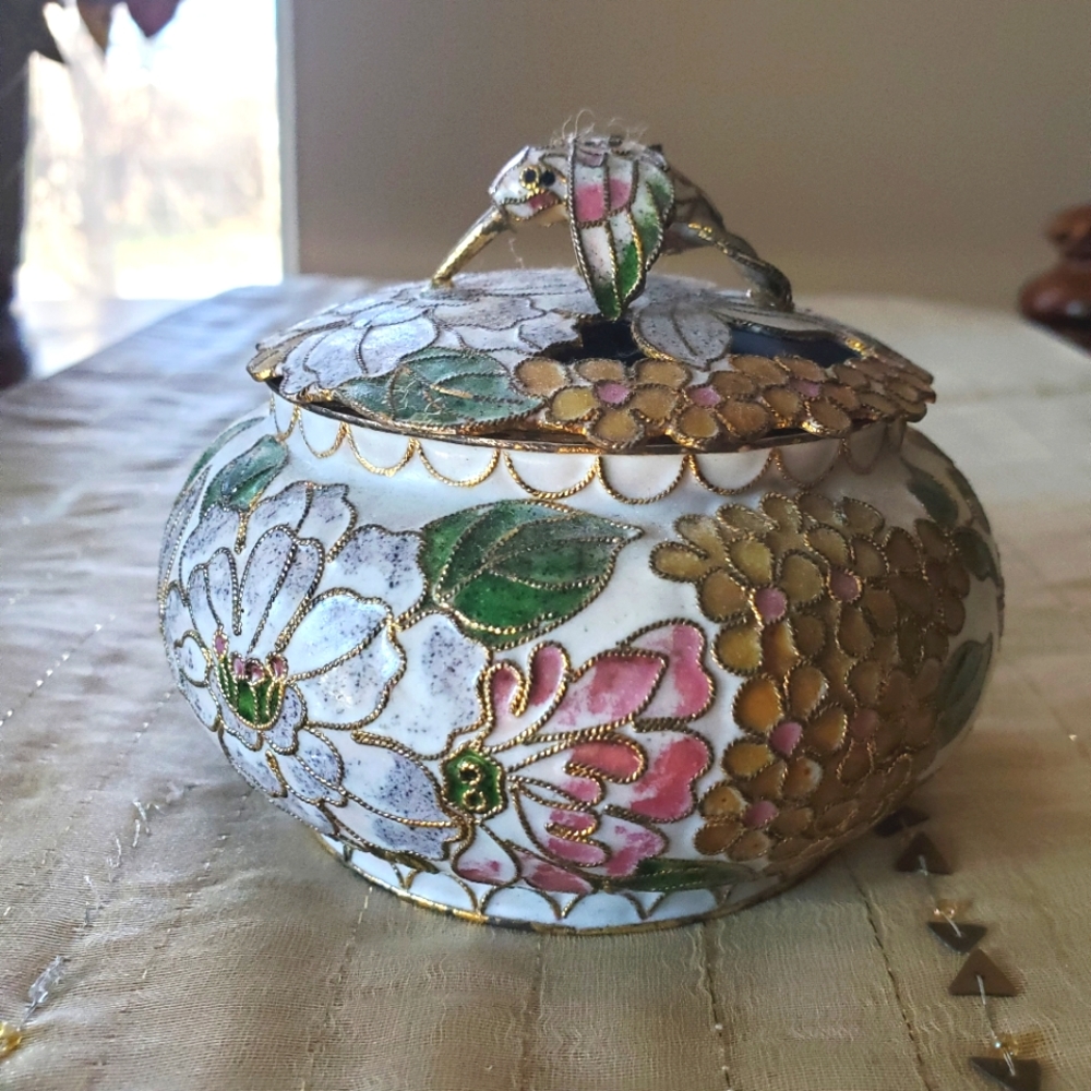 Vtg Cloisonne Hummingbird Trinket Jar